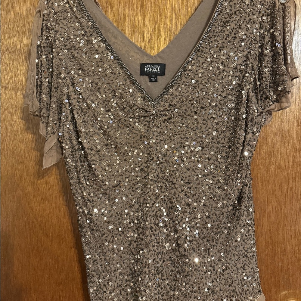 Adrianna Papell Sequin V-Neck Blouse in Brown